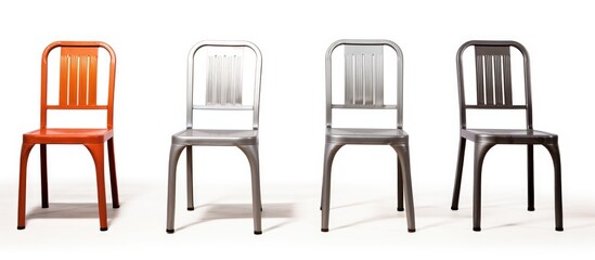 A row of metal chairs is neatly aligned next to each other on a white background. The chairs vary in angles but create a cohesive and organized look. - obrazy, fototapety, plakaty