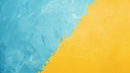 Textured abstract background with bold blue and yellow diagonal division. Contemporary art with contrasting blue and yellow textures. Diagonally split blue and yellow abstract for modern decor. - obrazy, fototapety, plakaty