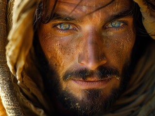 Detailed close up of a Jesus Christ with striking blue eyes.