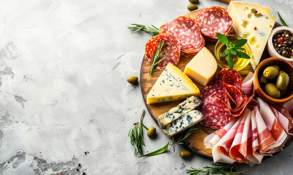 deluxe assortment of sliced meats, various cheeses, and garnishes on wooden platter, copy space for  text 