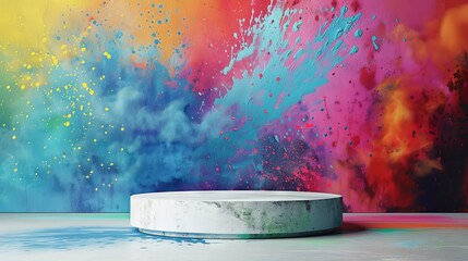 Art studio podium with colorful paint splash smoke background, suitable for art supplies or creative workshop displays.