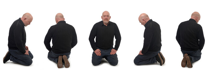 various poses of the same man kneeling on white background