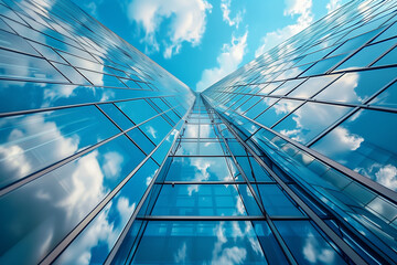 Fototapeta na wymiar Reflective skyscrapers, business office buildings. Low angle photography of glass curtain wall details of high-rise buildings.The window glass reflects the blue sky and white clouds. . High quality