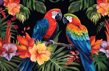 A vibrant tropical pattern featuring exotic flowers and colorful parrots
