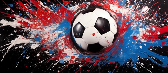 a Soccer ball on a soccer field at night with lights shining over soccer ball in lights and colors blue white red green yellow, sport concept and advertising