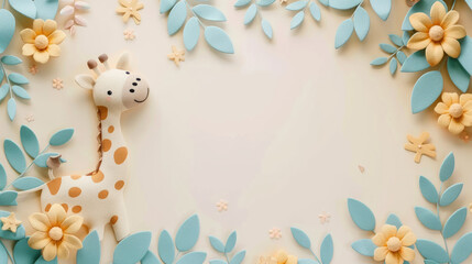 sfondo decorato a tema coreano , beige chiaro, azzurro pastello, grande spazio vuoto per il testo, , piccola giraffa nell'angolo - obrazy, fototapety, plakaty