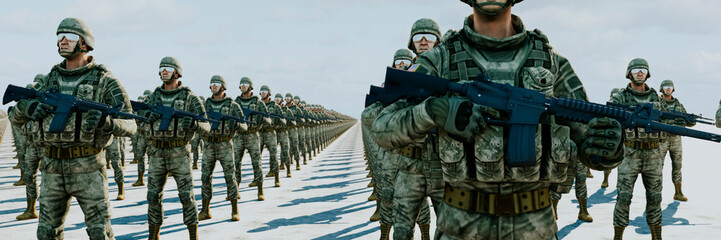 Infinite Line of Soldiers in Digital Camouflage Standing in Formation on Striped Ground - 755169445