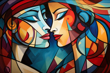 Couple in an abstract cubist or cubism style painting. Love or relationship concept