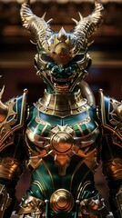 Fototapeta premium Majestic Warrior: A Detailed Sculpture of an Armored Samurai in Golden Green Armor