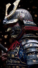 Fototapeta premium Mystical Warrior: A Detailed Portrait of an Ornate Samurai Mask