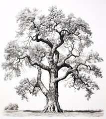 a black and white drawing of a large oak tree