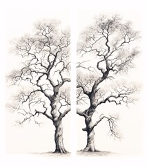 black and white drawings of two large oak trees separated by a white vertical line