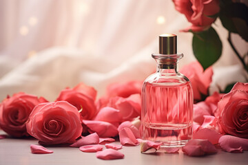 Obraz na płótnie Canvas Bottle of cosmetic essential oil. Rose flower, aromatherapy