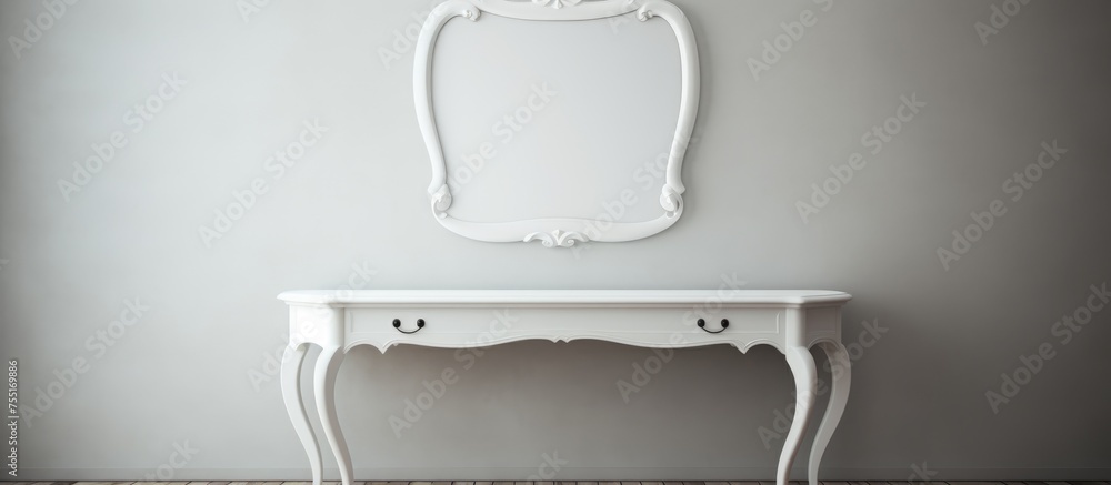 Poster a white wooden table with a mirror placed on top of it. the mirror reflects the surroundings, creati