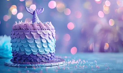Foto op Canvas mermaid tail cake with purple and blue fondant scales on sparkling background © Klay