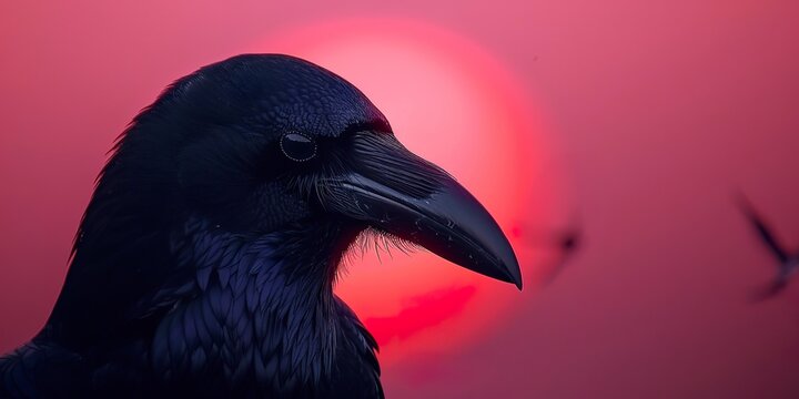 A crow displays its beak in photorealistic detail against a sky pinked by the setting sun. Close-up of a crow under the magical touch of the twilight sun in tonal reproduction.