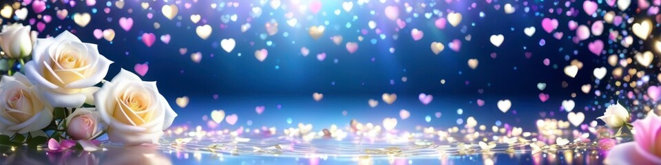 Abstract blue wedding background with white roses and hearts, background for greetings and invitations, social media banners, websites and for your design, space for text