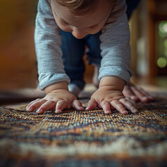 A toddler is crawling over a rug on the floor, with their father nearby, in a hyper realistic advertisement photograph.