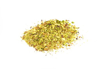 Ground, milled, crushed or granulated pistachio pile isolated on white background