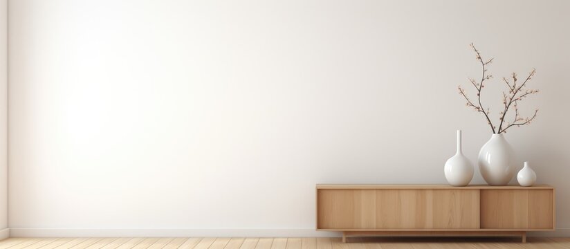 A white room featuring three white vases neatly arranged on a shelf. The minimalistic decor and wooden floor create a clean and contemporary ambiance.