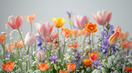 chamomile, campanula, tulips, iris, roses, swaying gracefully under bright light, against a white background