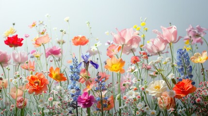 Spring flowers flutter in the wind, including chamomile, campanula, tulips, iris, roses, bright light, white background - obrazy, fototapety, plakaty