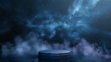 Celestial-themed podium with starry night smoke background, ideal for astronomy equipment or space-themed product showcases. - obrazy, fototapety, plakaty