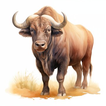 African buffalo. Buffalo clipart. Watercolor illustration. Generative AI. Detailed illustration.