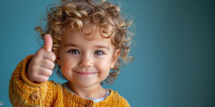 professional phot of a toddler giving a thumbs up on blue background, Little girl with curly hair on blue background shows thumbs up gesture. generative AI
