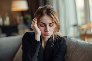 Young woman in black suit suffering from migraine headache sitting on couch at home. Health problem, menopause, insomnia, depression, exhaustion concept