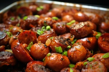 Fototapeta premium Savory Sausage bake closeup. Cooking grill. Generate Ai