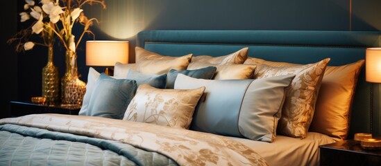 A bed with a blue headboard is adorned with numerous pillows in various shades and sizes, adding a pop of color to the room.