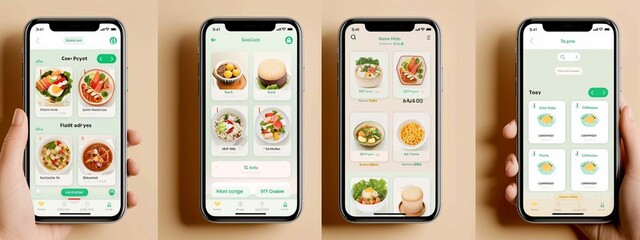 A person is holding four cell phones, each displaying a menu of food items