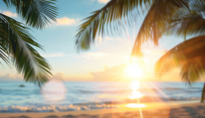 Beach scene with palm trees and a bright sun.