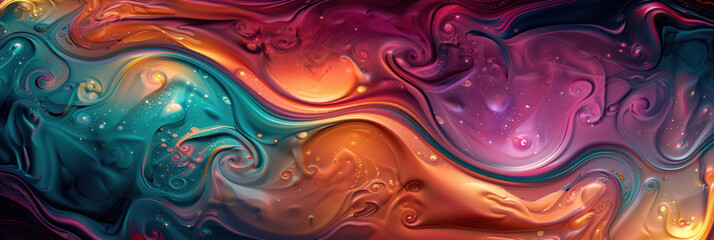 Vivid abstract artwork with swirling patterns that evoke cosmic nebulae, creating a sense of...