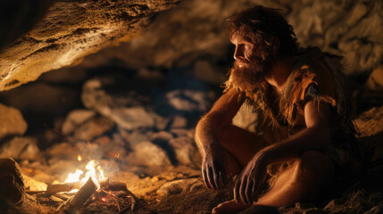 Bearded neanderthal man sits by fire in cave at night, caveman and bonfire on dark background. Concept of Homo sapiens, prehistoric era, primitive, ancient, Stone Age - obrazy, fototapety, plakaty