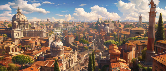Fiction aerial view of Ancient Rome in summer, landscape of city. Scenery of old buildings roofs and sky. Concept of Empire, painting, antique, history, travel, background