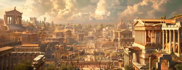 Fotobehang Fiction panoramic view of Ancient Rome in past, landscape of city in summer. Scenery of old buildings and sky. Concept of Roman Empire, vintage, antique, history, travel, skyline © karina_lo