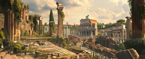Fiction panoramic view of Ancient Rome in summer, landscape of city. Scenery of old buildings roofs and sky. Concept of Roman Empire, vintage, antique, history, travel, - obrazy, fototapety, plakaty