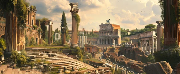 Fototapeten Fiction panoramic view of Ancient Rome in summer, landscape of city. Scenery of old buildings roofs and sky. Concept of Roman Empire, vintage, antique, history, travel, © karina_lo