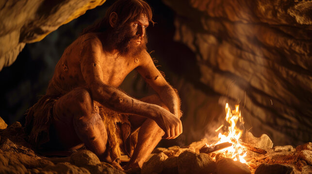 Bearded neanderthal man sits by fire in cave at night, caveman and bonfire on dark background. Concept of prehistoric era, primitive, ancient, Stone Age, evolution