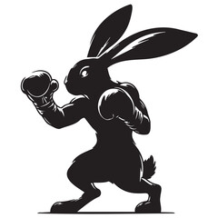 Energetic sports bunny in boxing gloves, black silhouette on a transparent background, vector drawing for stencil, print..