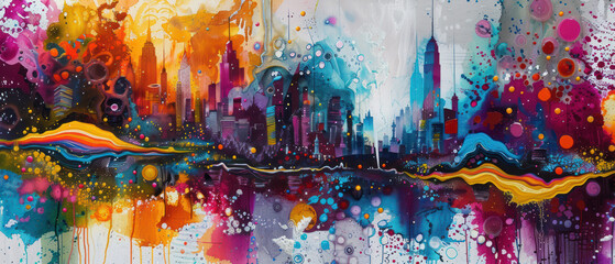 Artistic abstract interpretation of a cityscape with colorful paint drips and dynamic splashes representing urban life