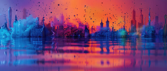 An artistic interpretation of a skyline with a mesmerizing blend of vivid hues and color splashes reflecting on water