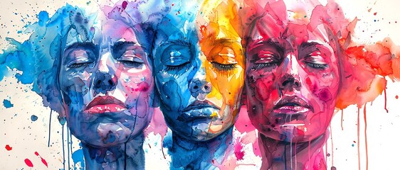 Obraz premium Diverse female faces in watercolor strokes and vibrant hues. Abstract aquarelle people. Concept of cultural diversity, society, artistry, social unity, togetherness, and human emotions. Wide banner