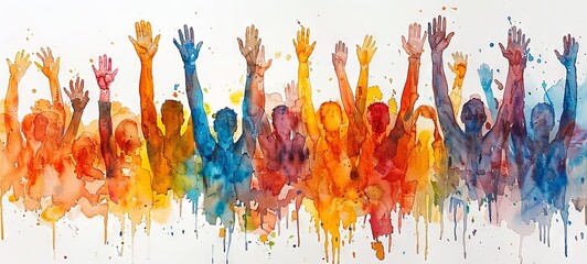 Crowd raising hands in celebration. Concept of election victory, community support, political rally, democratic participation, unity, and shared happiness. Watercolor Illustration on white background - obrazy, fototapety, plakaty