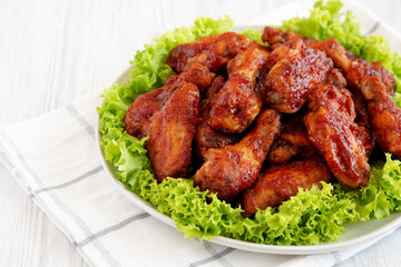 Homemade Honey BBQ Chicken Wings on a Plate, side view. Copy space.