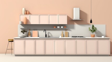 Minimalist modern kitchen design in fashionable trendy color Peach. Ideal for home decor, real estate listings, interior design inspiration