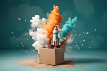 Rocket coming out of a box, 3d rendering toned image, banner for Cosmonautics Day - obrazy, fototapety, plakaty