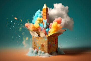 Rocket coming out of a box, 3d rendering toned image, banner for Cosmonautics Day - obrazy, fototapety, plakaty